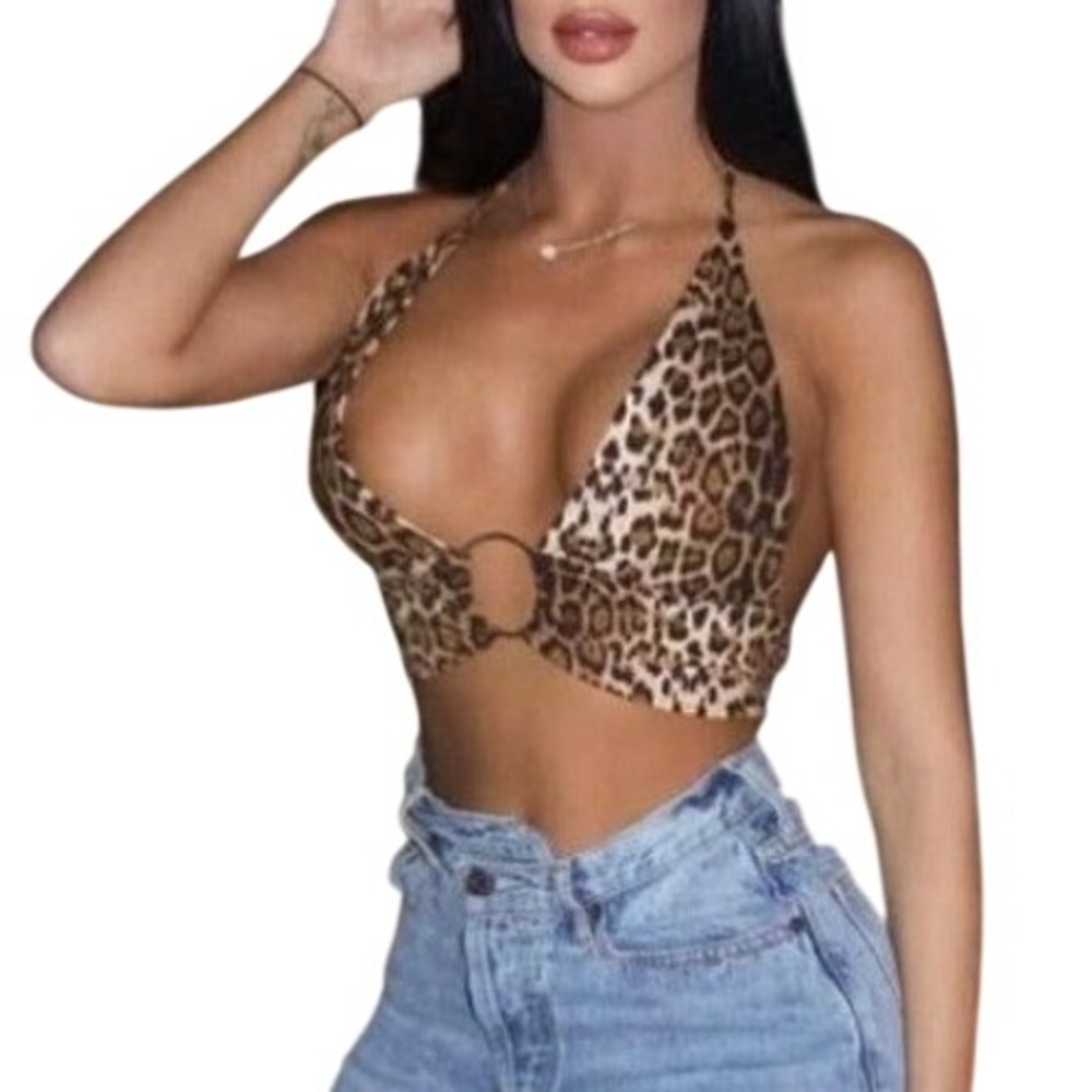 Babyboo Halter Top Women XS Brown Leopard O-Ring Y2K Festival Mob Wife Aesthetic